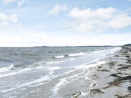 Una playa con olas, una orilla arenosa y una costa distante.