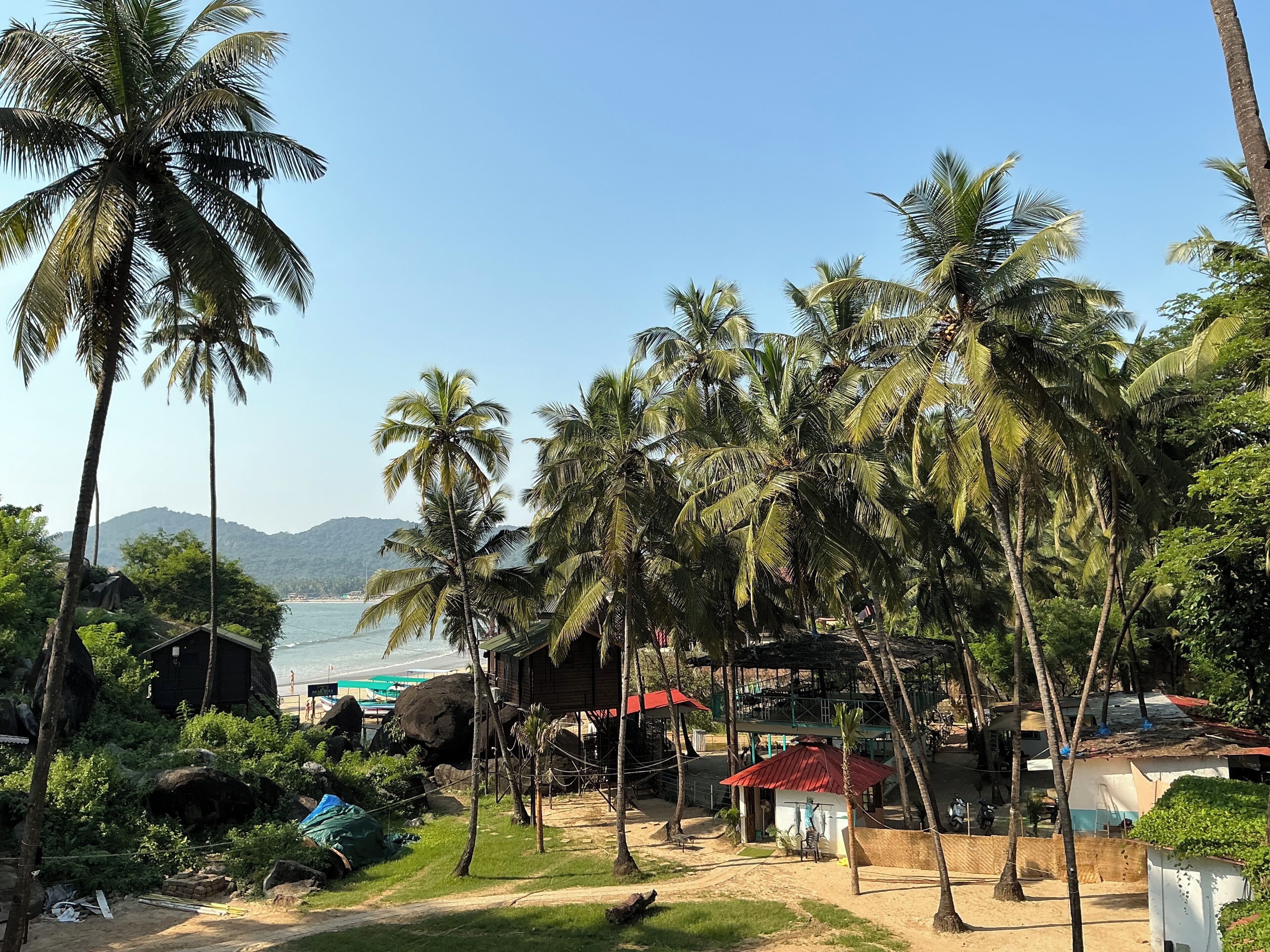 A beachside area with palm trees, a small hut, and a view of the sea.