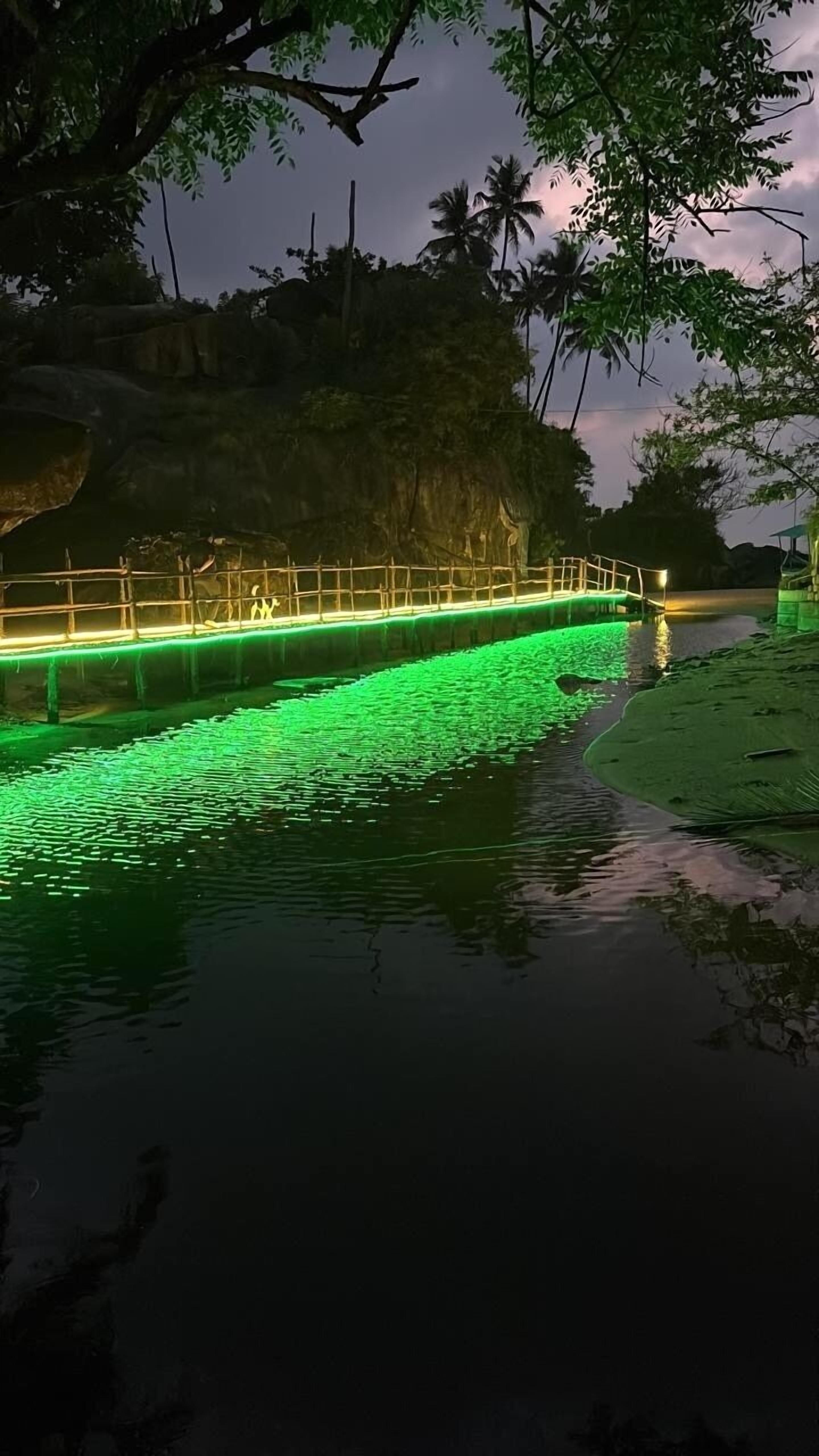 A nighttime view of a water body with illuminated pathways and a bridge.