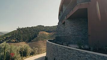 A modern building with a stone facade and a curved balcony overlooking terraced vineyards.