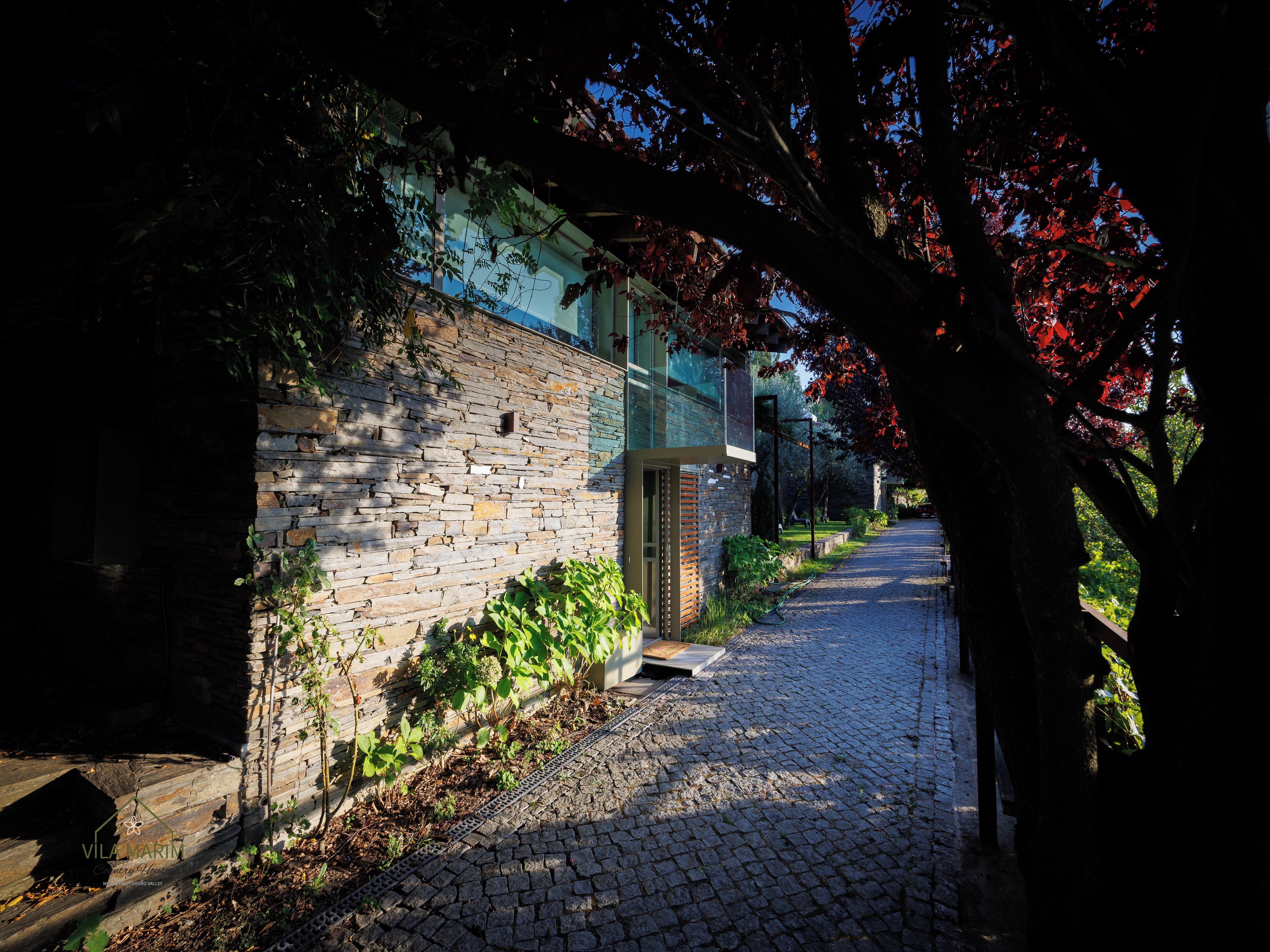A cobblestone pathway leading to a stone building with a glass door and a small step.