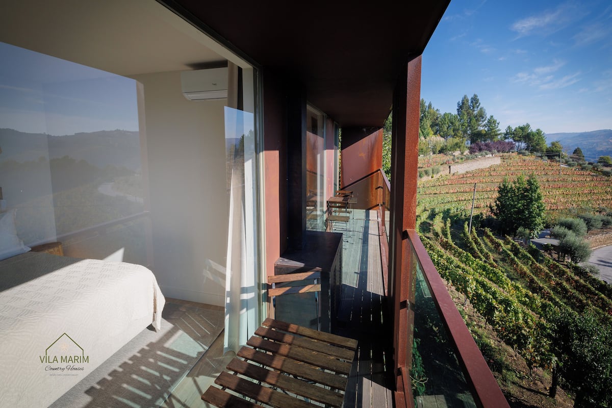 A modern room with a large window, a wooden bench, and a view of vineyards.