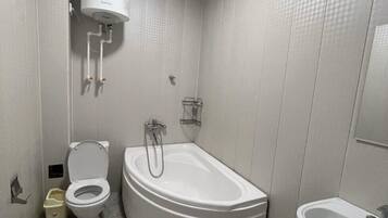 Combined shower/bathtub, towels, soap, shampoo