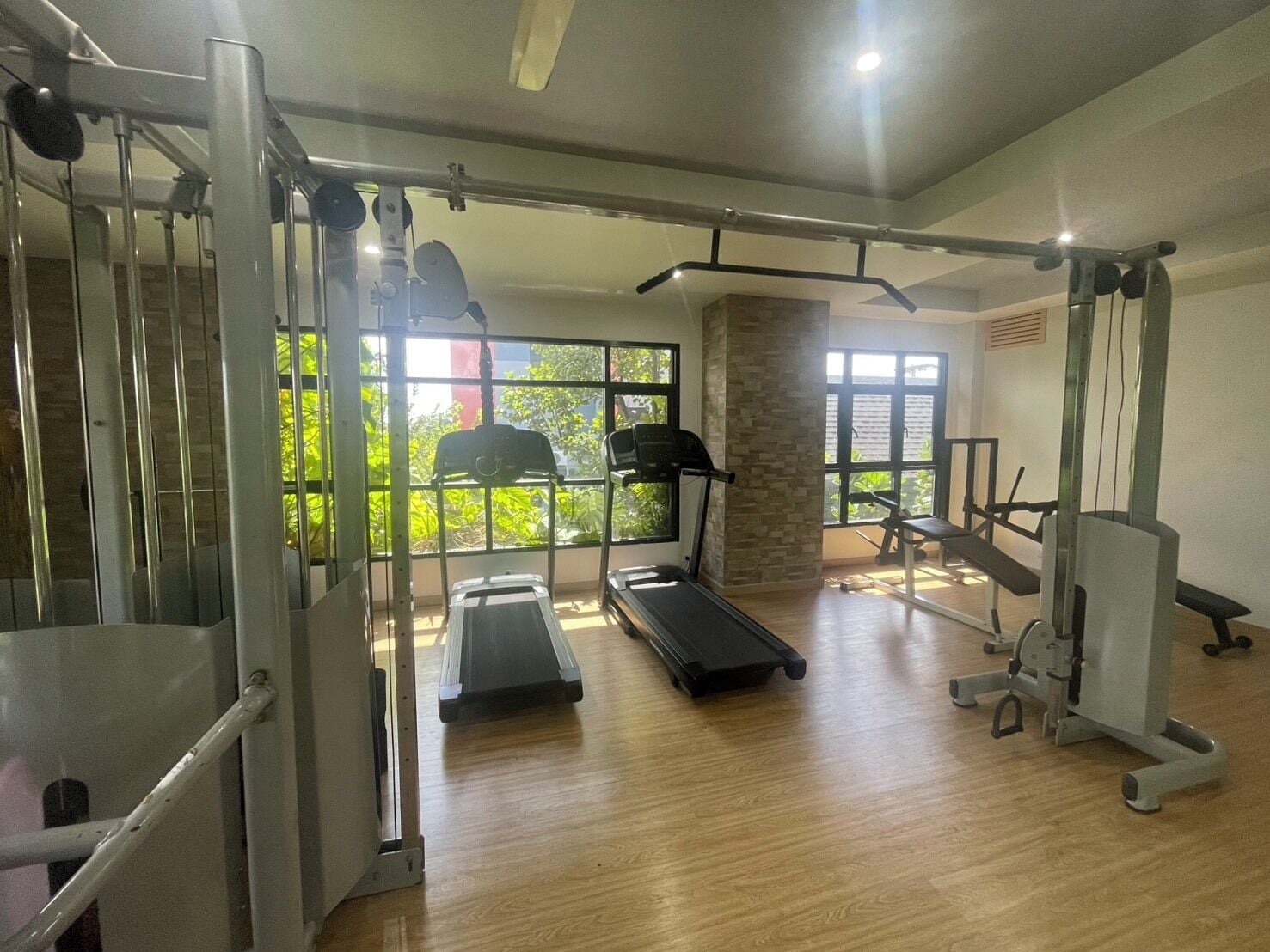 A gym with treadmills, weight machines, and a pull-up bar area.