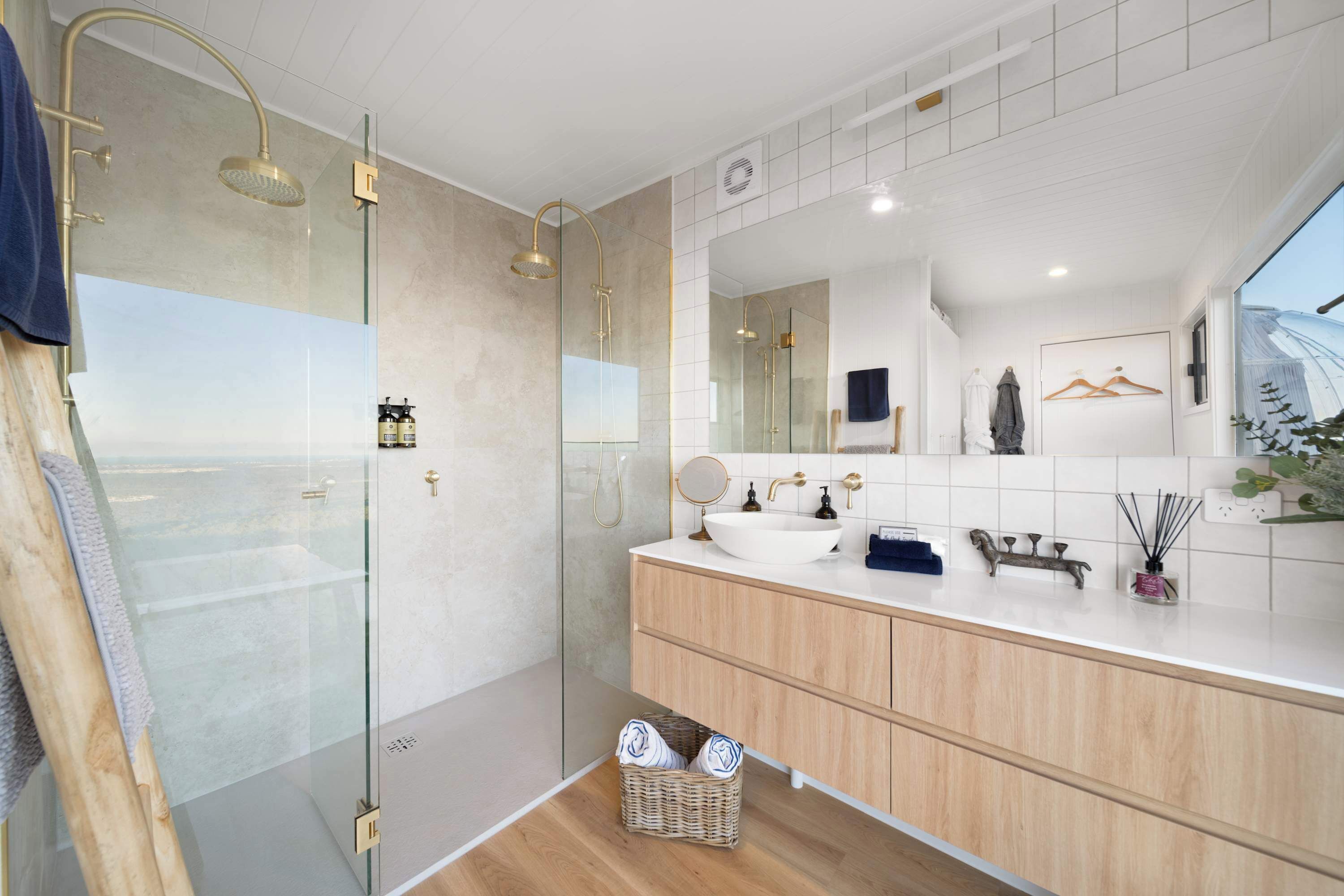 Shower, hair dryer, towels, shampoo