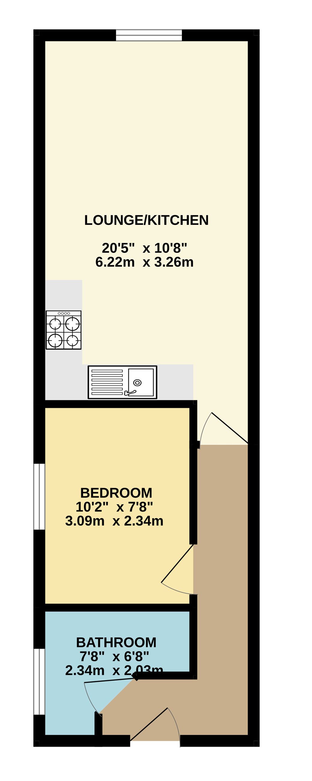 A floor plan with a lounge/kitchen measuring 20'5" x 10'8" (6.22m x 3.26m), a bedroom 10'2" x 7'8" (3.09m x 2.34m), and a bathroom 7'8" x 6'8" (2.34m x 2.03m).