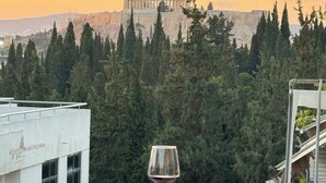 Una terraza en la azotea con una copa de vino, una fuente de agua y vistas a la Acrópolis de Atenas.