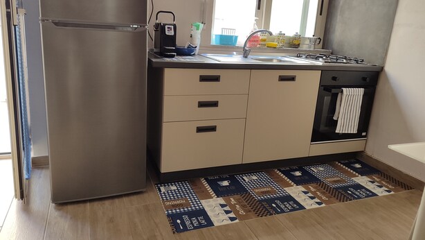 Una cocina moderna con un refrigerador de acero inoxidable, un horno empotrado y un lavamanos.