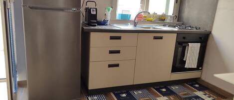 Fridge, oven, stovetop, coffee/tea maker