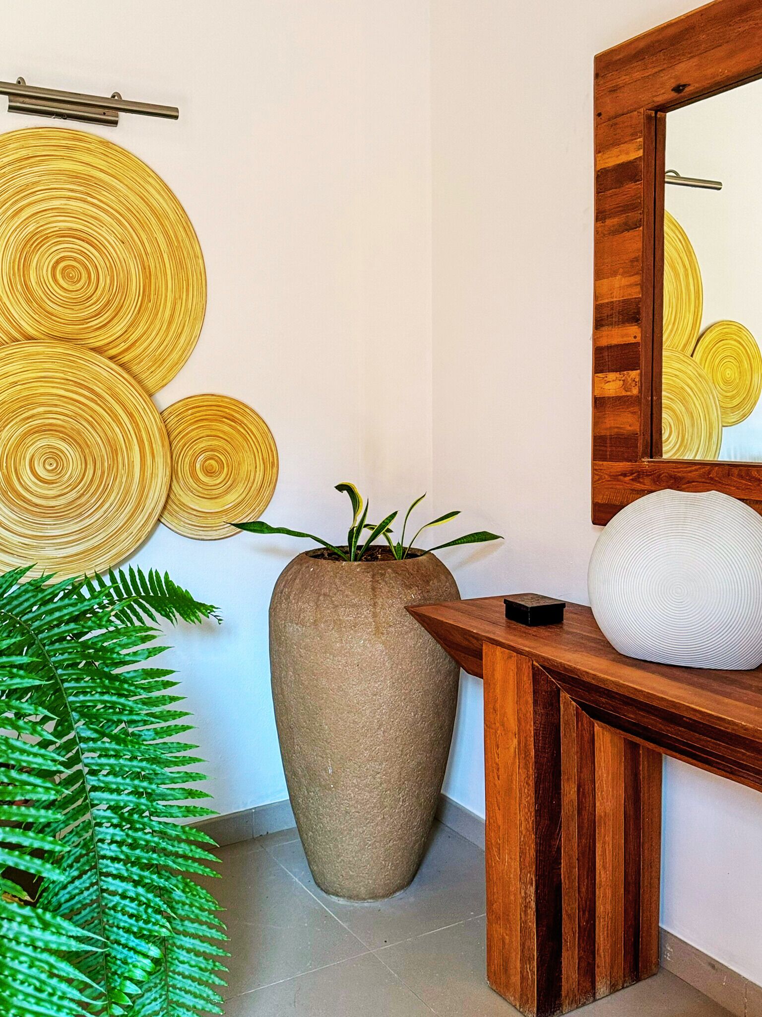 Un interior moderno con una pared texturizada grande, una consola de madera, un espejo y una planta en maceta.