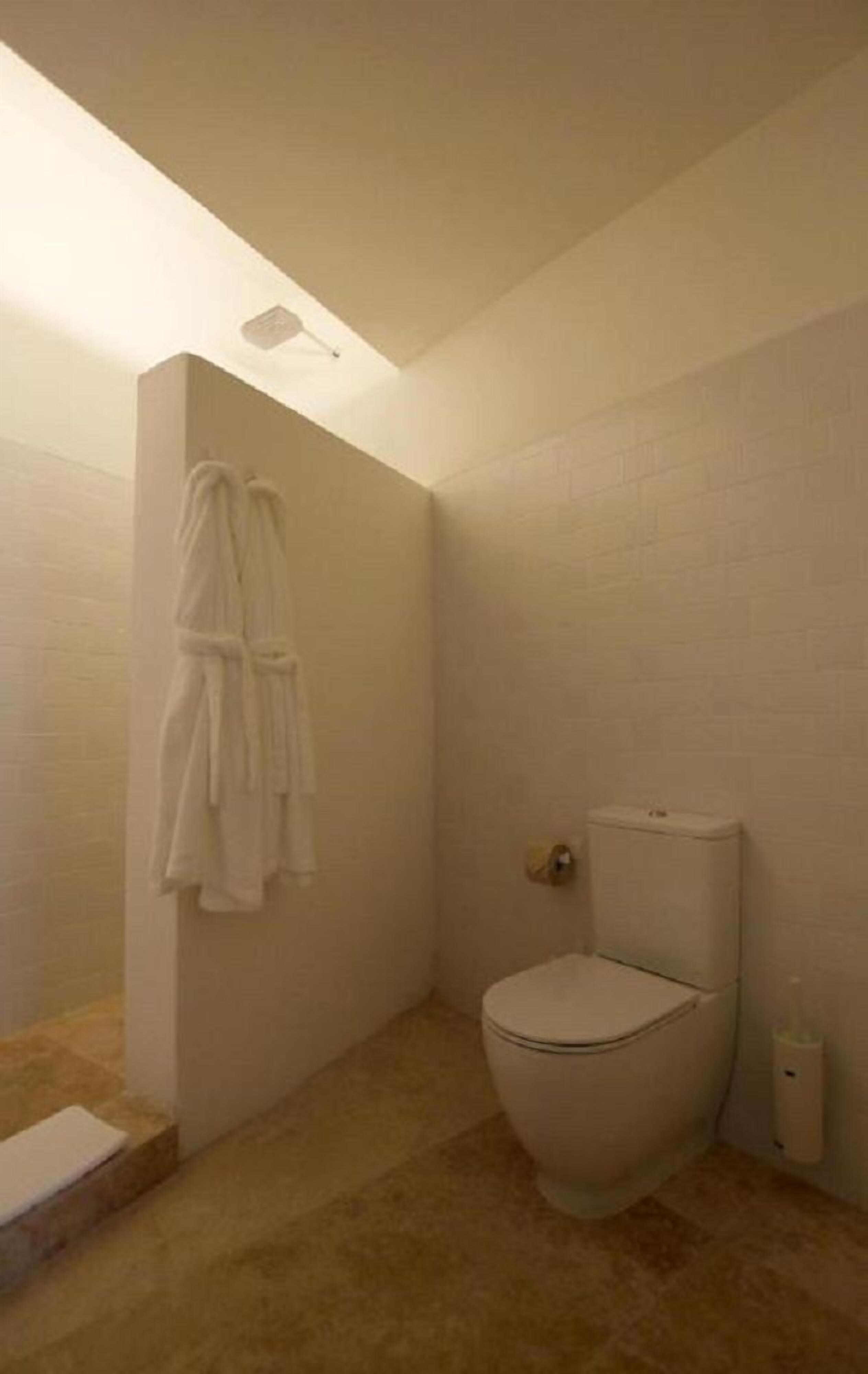 Un baño pequeño con paredes blancas, un inodoro, una zona de ducha y un perchero con dos toallas.