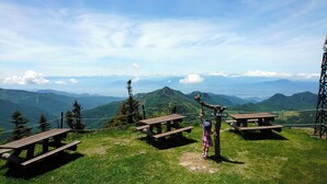 Un espace de pique-nique équipé de bancs et offrant une vue sur les montagnes.
