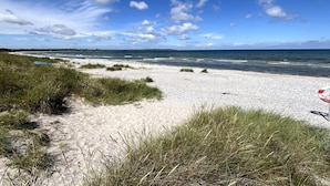 Ein Strand mit weißem Sand und grüner Wiese, ein klarer Himmel und ein ruhiges Meer.