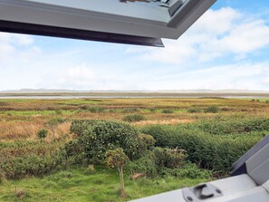 Une vue depuis une fenêtre donnant sur un paysage marécageux, avec un horizon lointain.