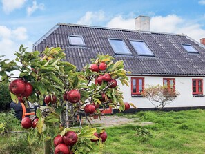 Une maison avec un toit en pente, des fenêtres rouges et un jardin planté de pommiers.