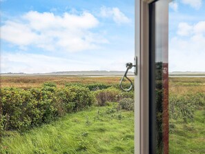 Vista a través de una ventana con pomo metálico, un campo cubierto de hierba y un horizonte lejano.