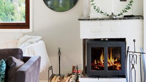 Un salon chaleureux avec une cheminée, un canapé confortable et une plante décorative.