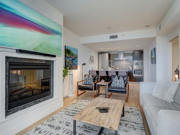 Smart TV, fireplace, music library