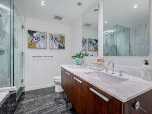 Shower, hair dryer, towels