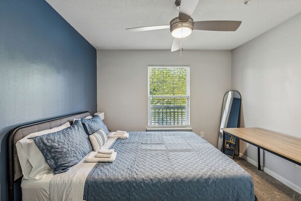 1 bedroom, desk, iron/ironing board, travel cot