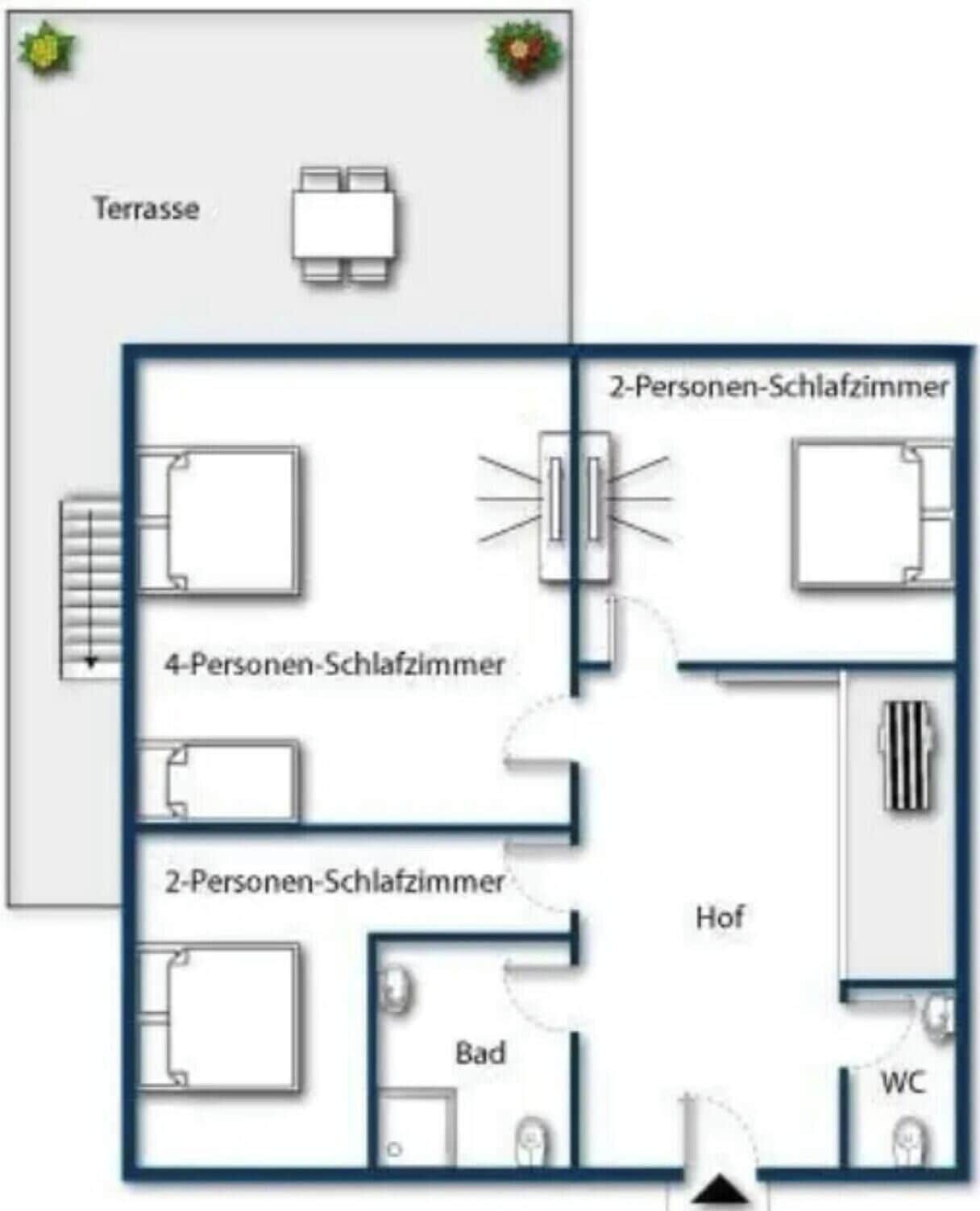 A hotel floor plan with a terrace, 2-person and 4-person bedrooms, a bathroom, a toilet, and a shower.
