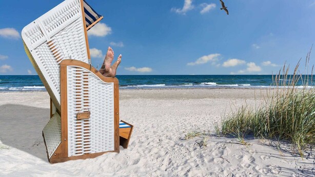 A beach chair with a seagull perched on it, overlooking the ocean. - Appartements im Freizeitpark Weissenhauser Strand (Wangels)