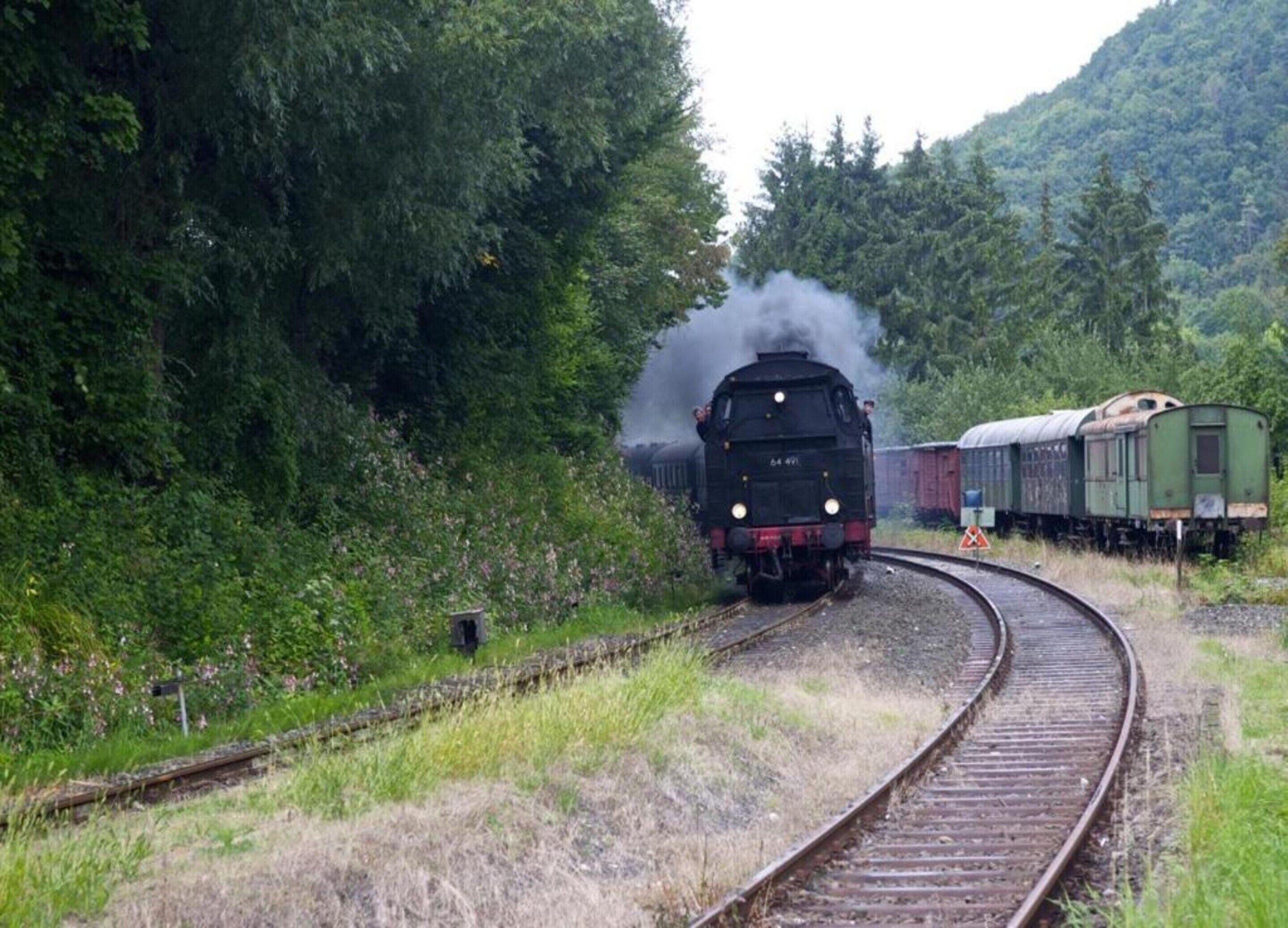 Een stoomlocomotief op spoorrails, omringd door groen.