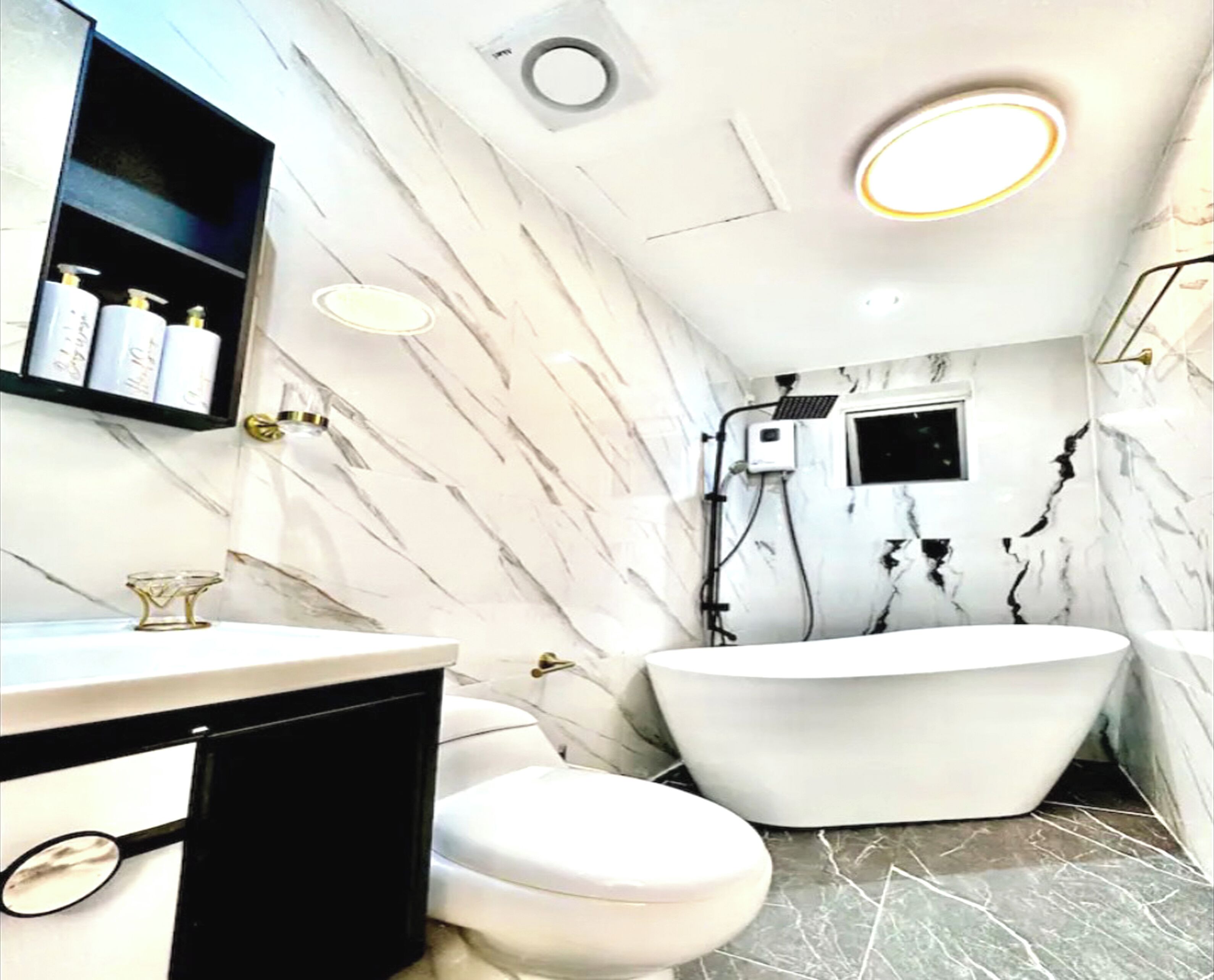 Hair dryer, bidet, towels, soap