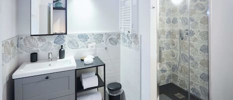 Douche, séchoir à cheveux, bidet, serviettes fournies