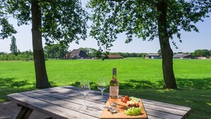 A picnic table with a bottle of wine, two wine glasses, and a fruit platter. - Bungalow in Sondel Near Slotermeer Lake (Sondel)
