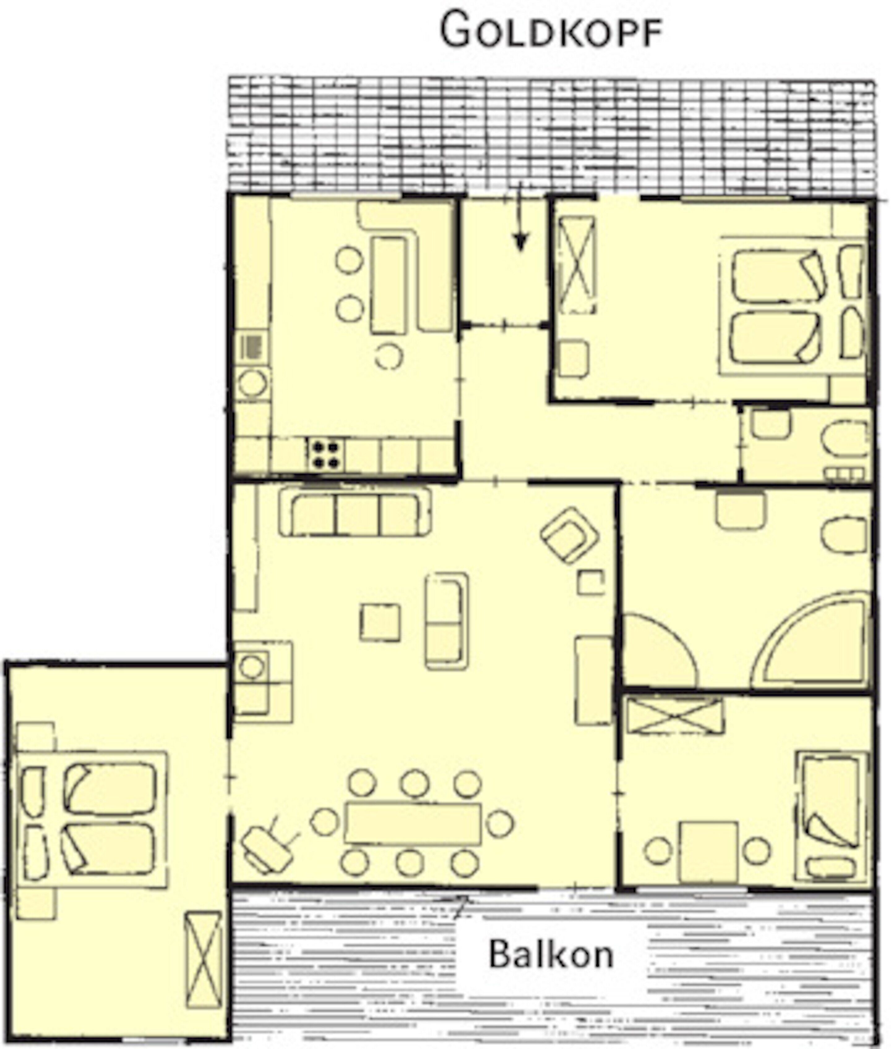 A floor plan of a hotel named Goldkopf with a balcony area.