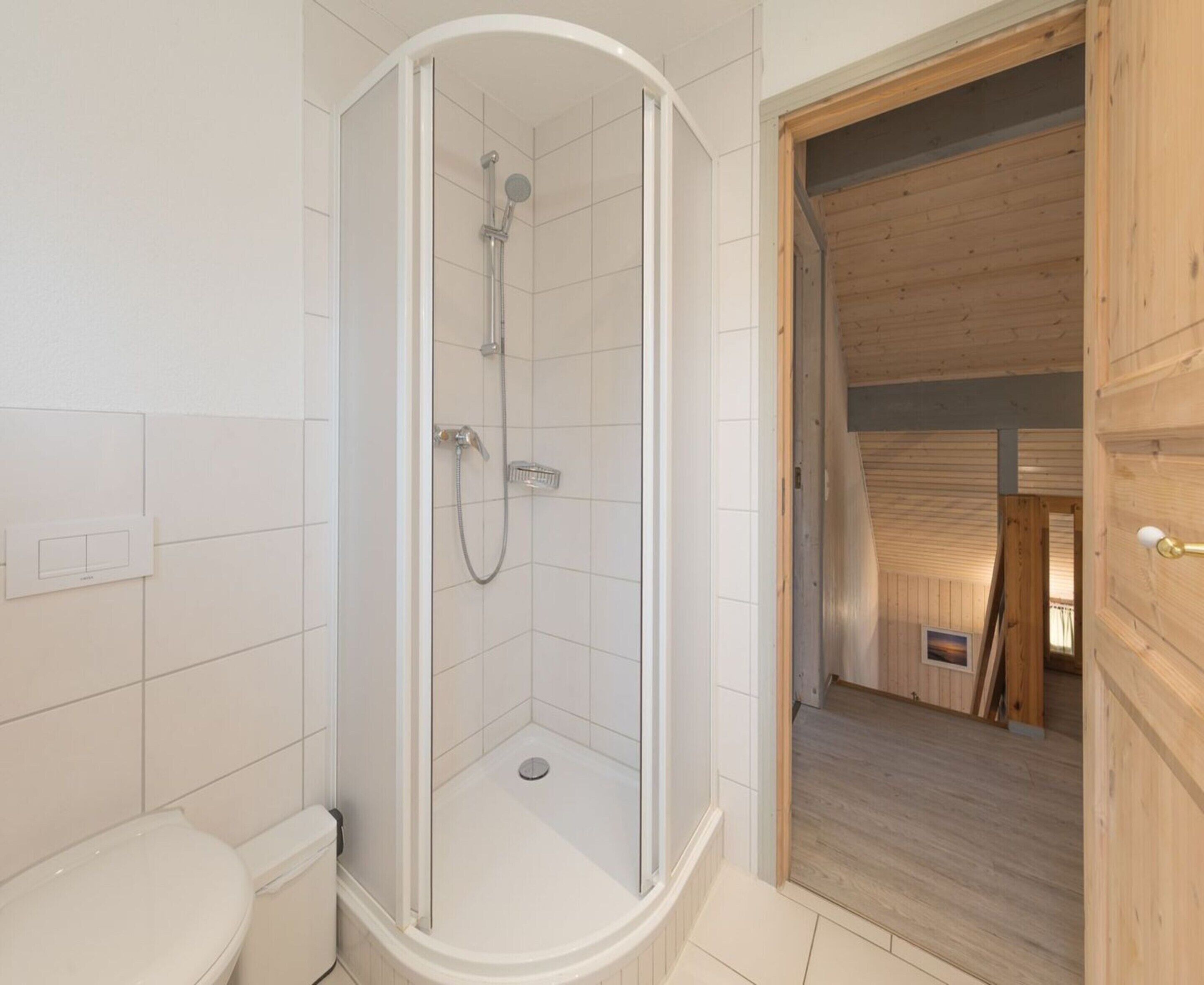 Une salle de bain avec douche, toilettes et une porte en bois donnant sur une autre pièce.