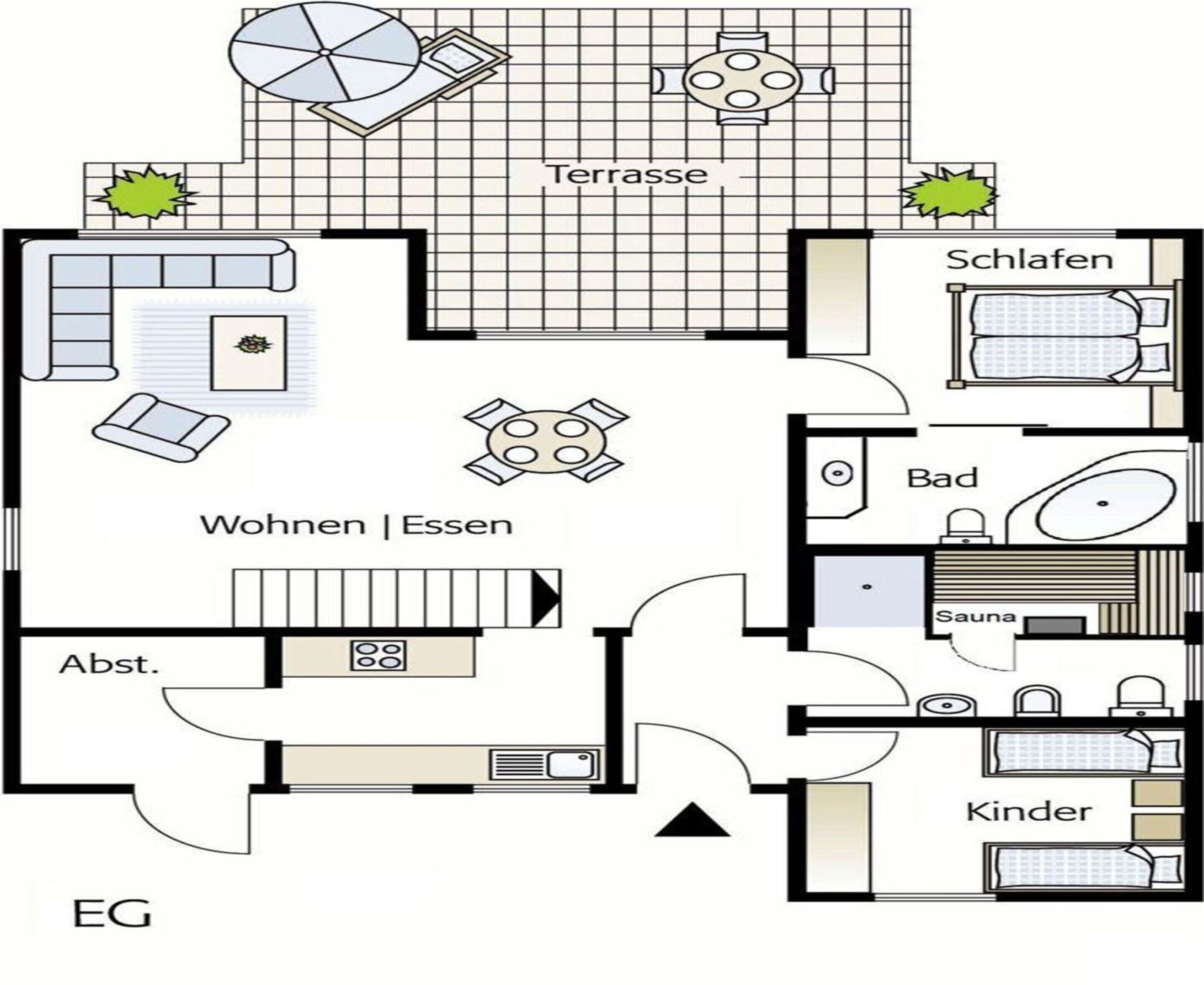 Distribución de un hotel que incluye sala de estar, terraza, habitaciones, baño, cocina y cuarto infantil.