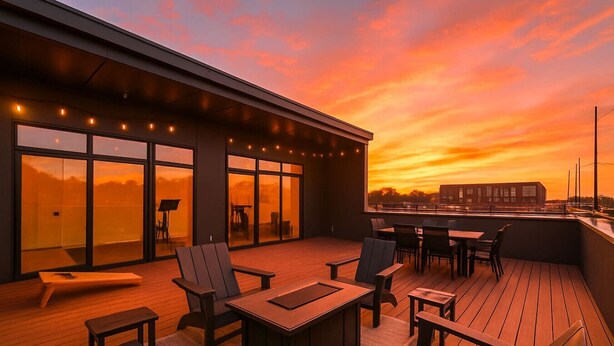 A rooftop terrace with outdoor seating, large windows, and a view of the sunset. - Crazy Town East Nash Chic Condo Just 13 min to Downtown in East Nash, Great for Groups! (Nashville)