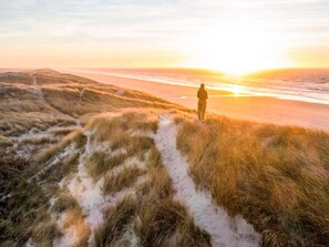 A person standing on a sandy path with grass on either side, overlooking a beach at sunset. - 4 Star Holiday Home in Ringkobing (Ringkobing)