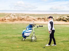 Una persona en un campo de golf, con un bolso y un palo de golf.