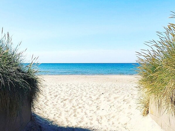 A sandy beach path leading to the ocean, flanked by grassy dunes. - 4 Star Holiday Home in Mellbystrand (Mellbystrand)