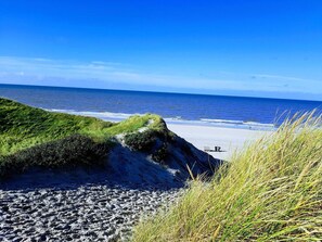 A beach with a grassy dune and a sandy foreground.