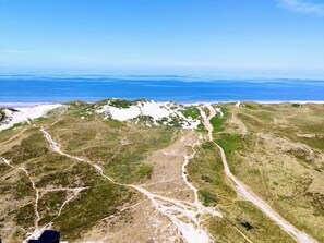 A coastal landscape with a dirt path winding through grassy terrain and snow patches, leading to the ocean.