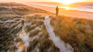 Henkilö seisoo hiekkaisella polulla, jonka molemmilla puolilla kasvaa ruohoa, ja katselee auringonlaskua rannalla.