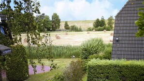 Een landelijk landschap met een schuur, hooibalen en een keurig onderhouden tuin met hagen en een pad.