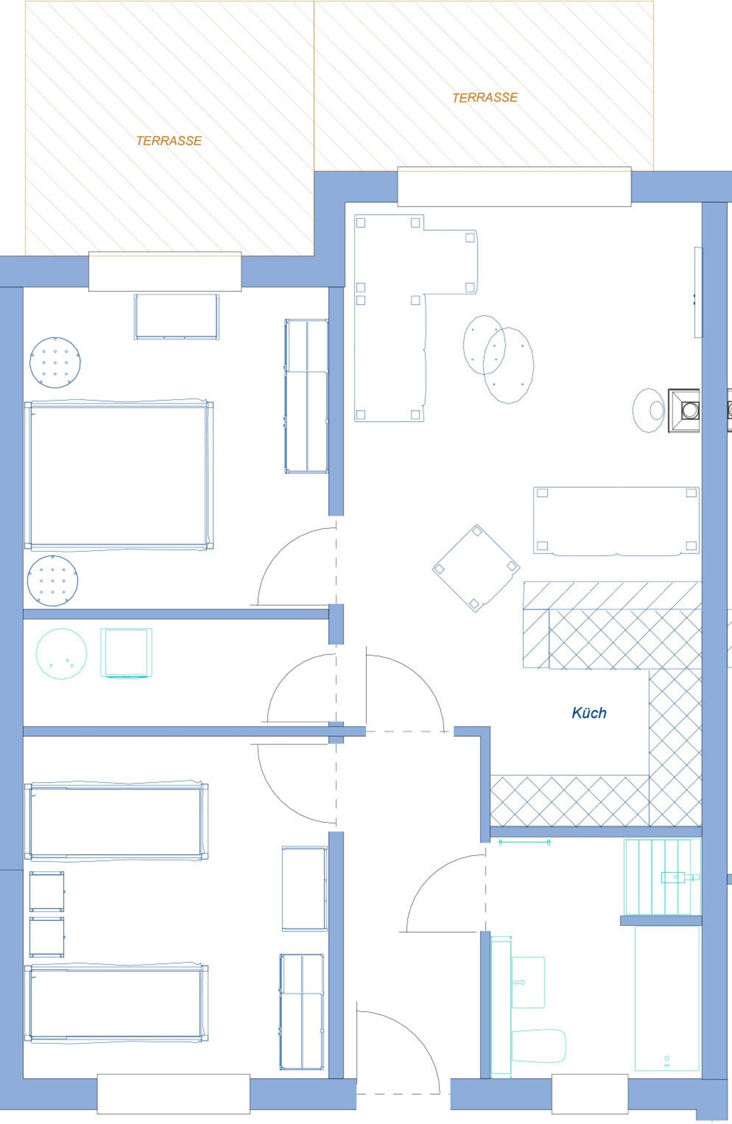 A floor plan of a hotel with a terrace, kitchen, and multiple bedrooms.