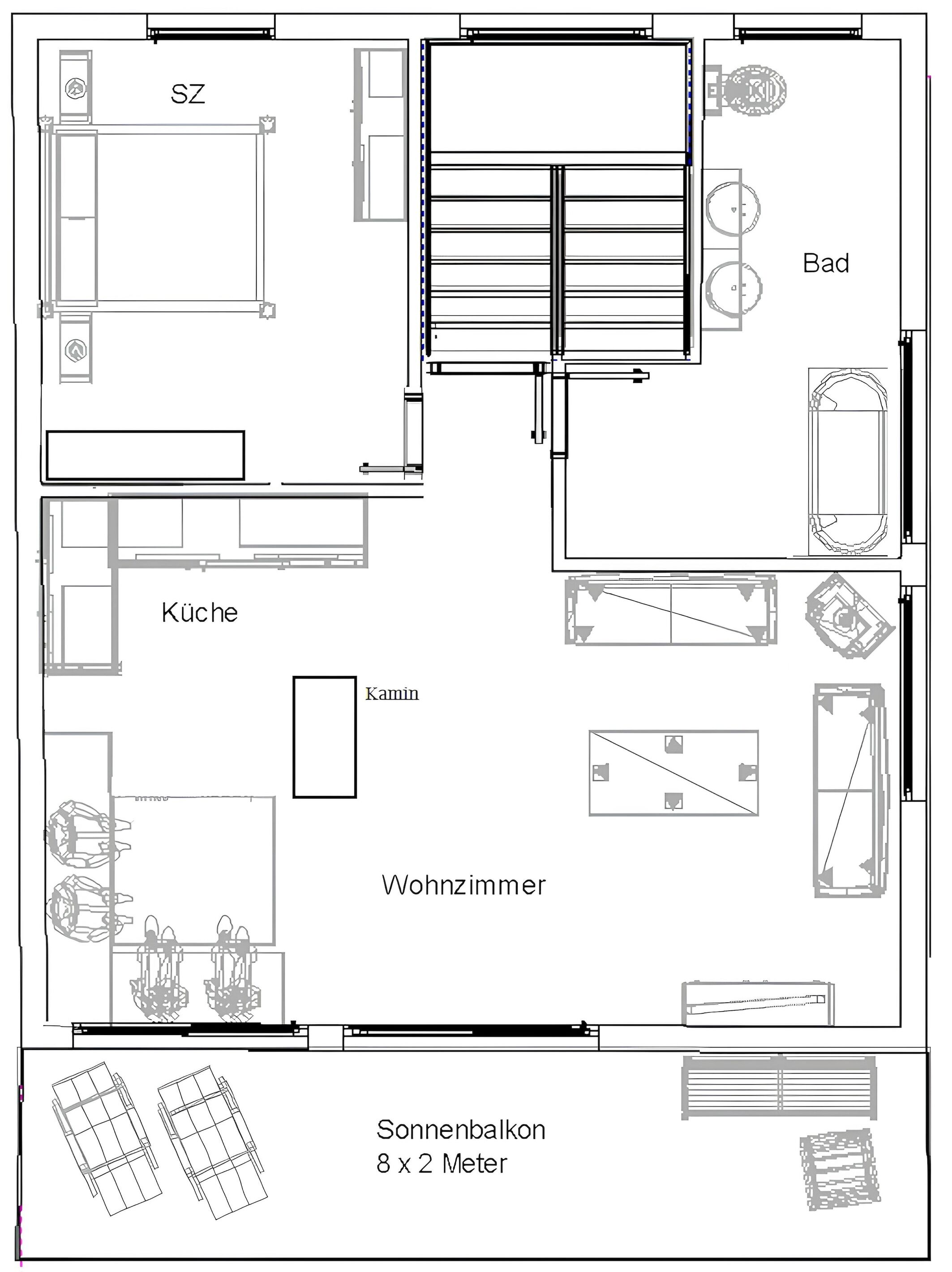Ein Grundriss eines Hotelzimmers mit Küche, Bad und Balkon.