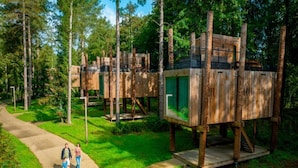 A series of wooden treehouses with elevated platforms and glass windows, connected by a pathway. - Lakeside Luxury Mansion (Antoing)
