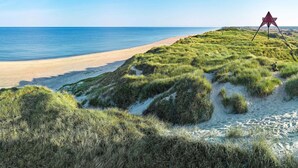 Ein Strand mit einer Düne, blauem Himmel und einer roten Struktur auf der Düne.