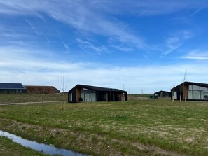 Un bâtiment moderne doté de grandes fenêtres et d’un toit plat, situé dans un champ verdoyant, avec un petit plan d’eau en premier plan.