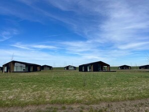 Set amidst a serene open field, these cabins offer a peaceful retreat with large windows and spaces.