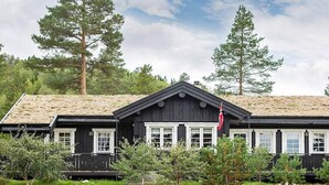 A two-story wooden cabin with a dark roof, white window frames, and a flag. - 5 Star Holiday Home in Treungen (Nissedal)