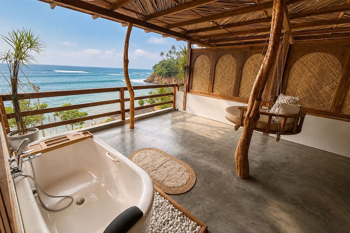 Une salle de bain avec une baignoire, un fauteuil suspendu en bois et une vue sur l’océan.