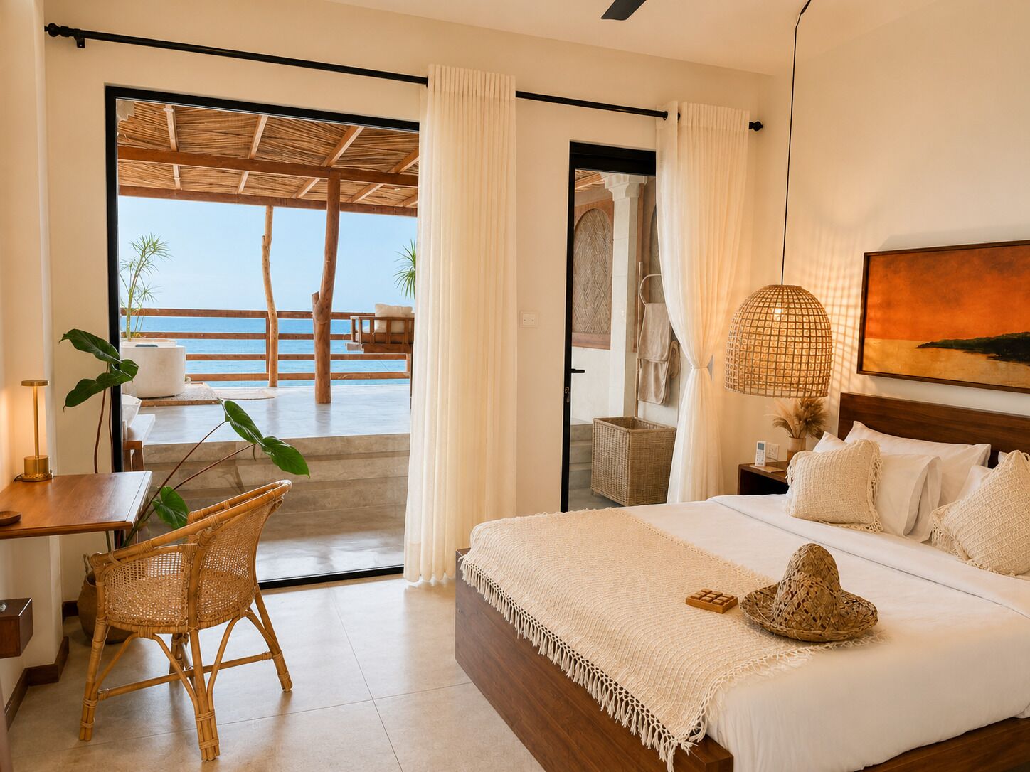 A bedroom with a bed, a desk, a chair, a large window with a view of the sea, and a hanging light fixture.